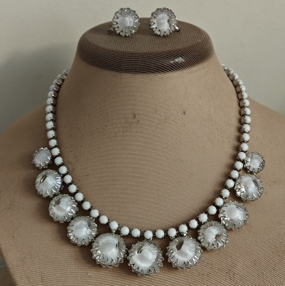 Vintage Signed Continental White Givre Glass & Milk Glass Jewelry Set